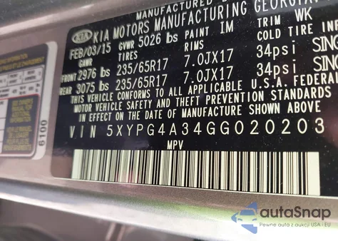 2016 Kia Sorento 2.4L Lx from USA, damaged, VIN 5XYPG4A34GG020203